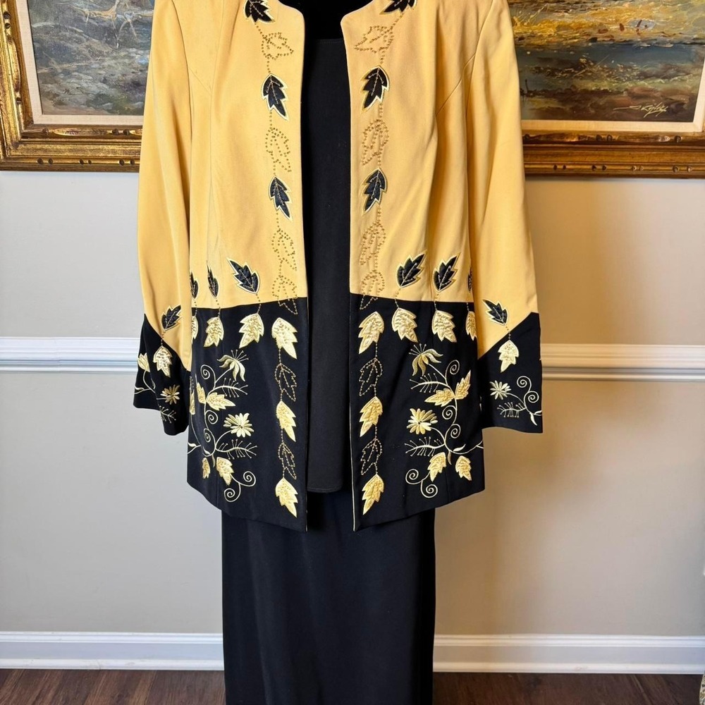 GOSPEL Womens 18W Yellow Black Beaded Embroidered Skirt Suit Set Church Formal